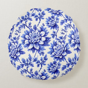 Almofada Redonda Decoração do País Francês do Chrysanthemum Azul e