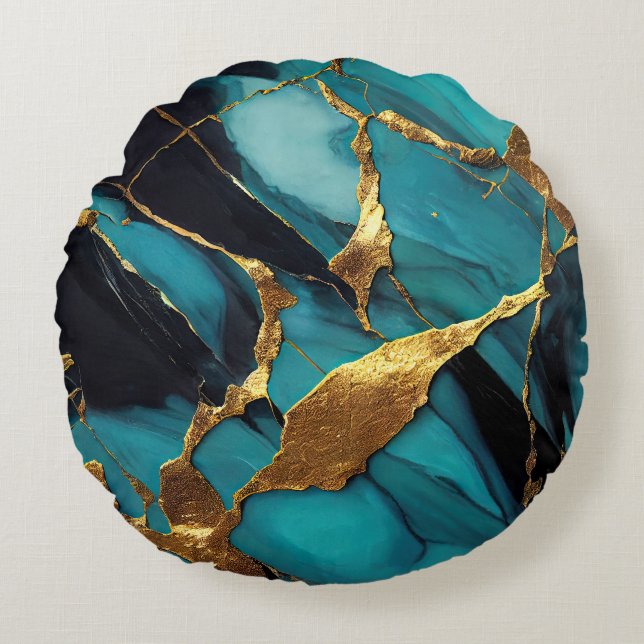 Almofada Redonda Deep Teal Marble with Bold Gold Veins (Frente)