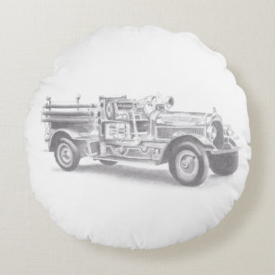 Almofada Redonda desenho a lápis de caminhão de bombeiros vintage