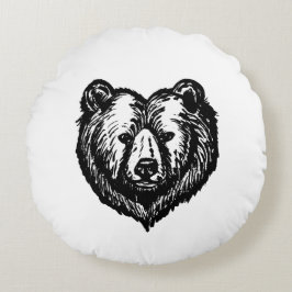 Almofada Redonda Desenho a Tinta da Cara de Urso Preto e Branco