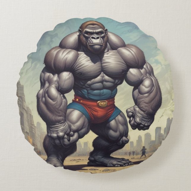 Almofada Redonda Desenho de Cartoons de Pop de Gorilla Bodybuilder (Frente)
