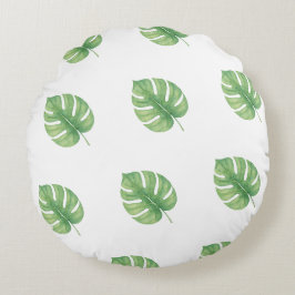 Almofada Redonda Desenho de Folha de Monstera Verde.
