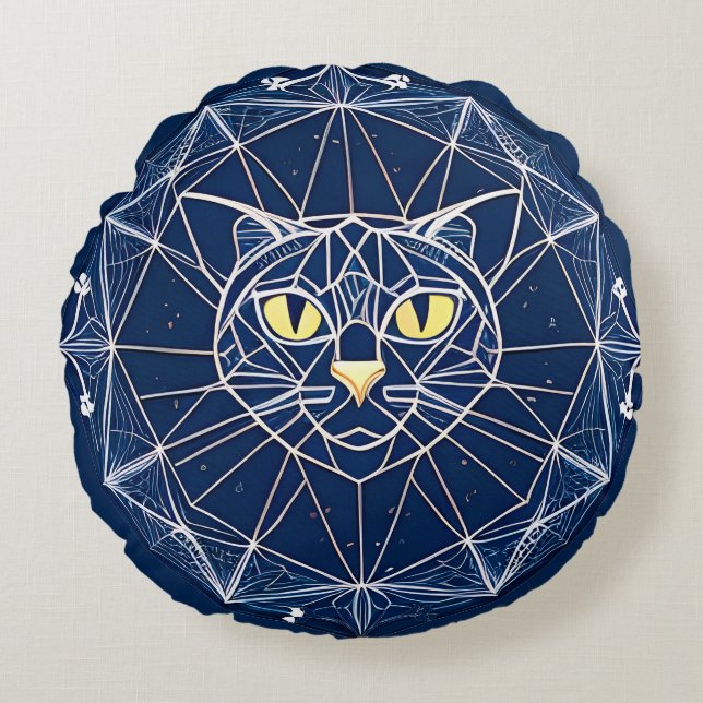 Almofada Redonda Desenho de Gato Geométrico Com Padrões Simétricos (Frente)