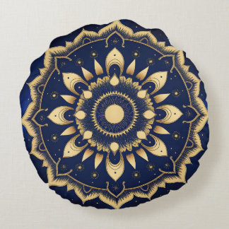 Almofada Redonda Desenho de Mandala da Lua Celestial | Azul Marinho