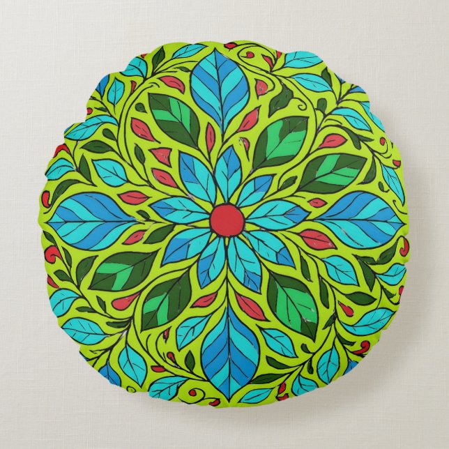 Almofada Redonda Desenho de Mandala de Folhas (Frente)