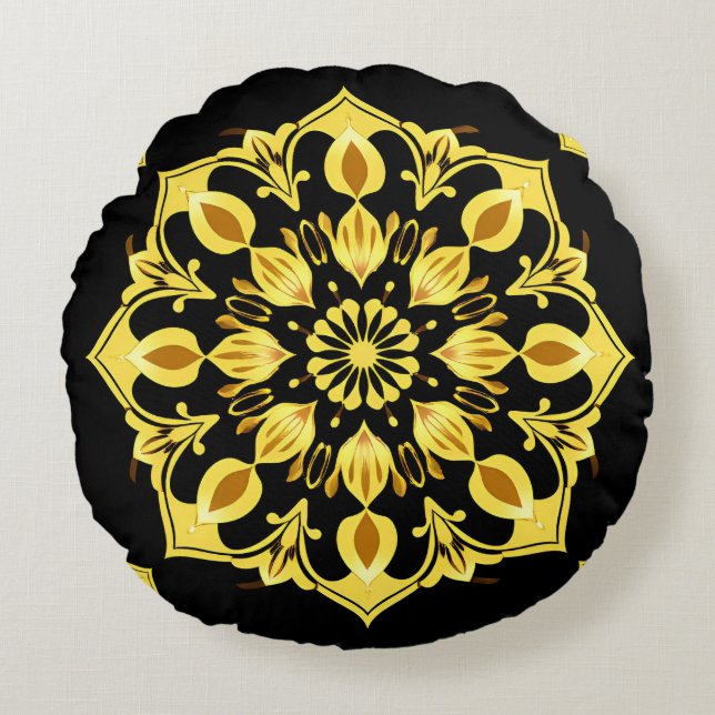 Almofada Redonda Desenho de Mandala Dourada Com Padrões Simétricos (Frente)