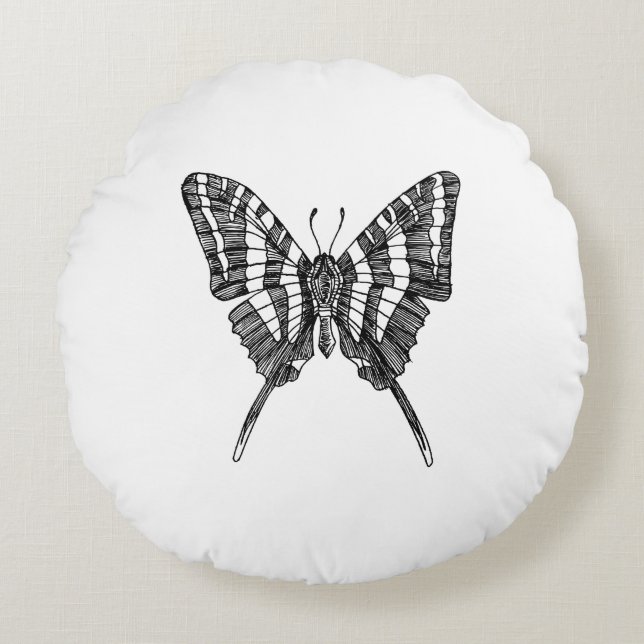 Almofada Redonda Desenho de Tinta da Borboleta de Zebra Preta e Bra (Frente)