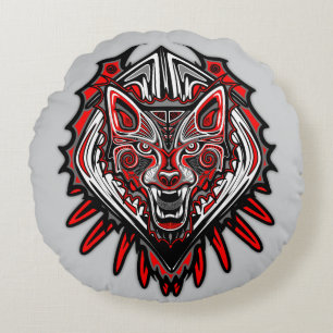 Almofada Redonda Desenho de Totem Tribal Haida de Lobo