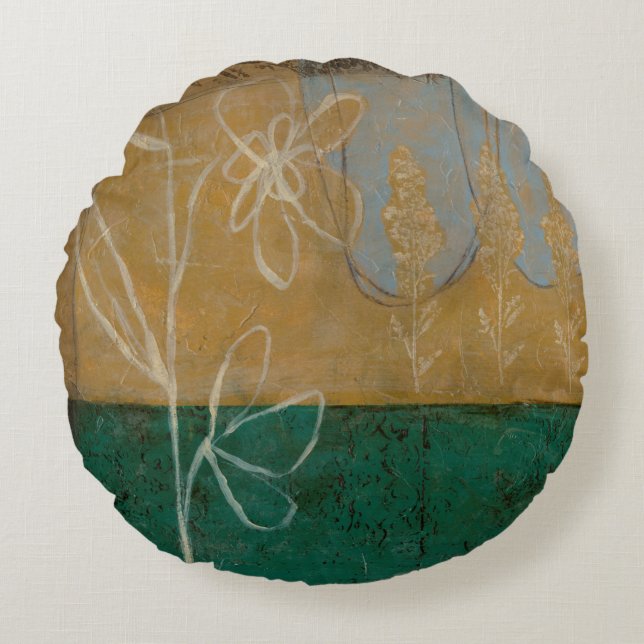 Almofada Redonda Desenho Floral com flor selvagem e plantas (Frente)