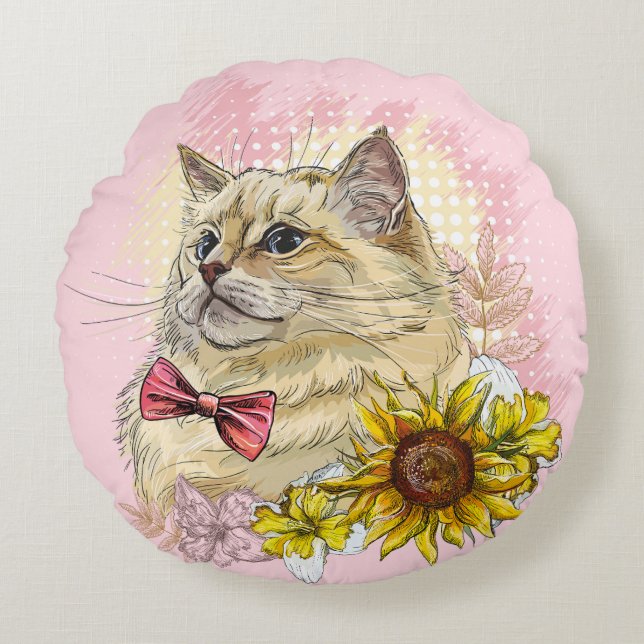 Almofada Redonda Desenho manual de um gato vermelho engraçado, Ragd (Frente)