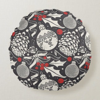 Almofada Redonda Desenho-Mão De Natal: Mistletoe Pine Seamless.