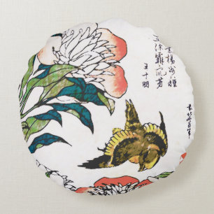 Almofada Redonda Desenho, peônias e pardal japoneses do vintage