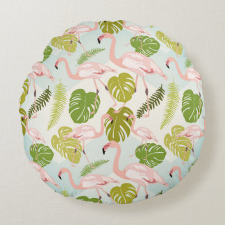 Almofada Redonda Desenho rosado a mão do flamingo. Ilustração Vinta