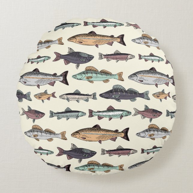 Almofada Redonda Desenhos de peixe venenoso, padrão sem costura. (Frente)