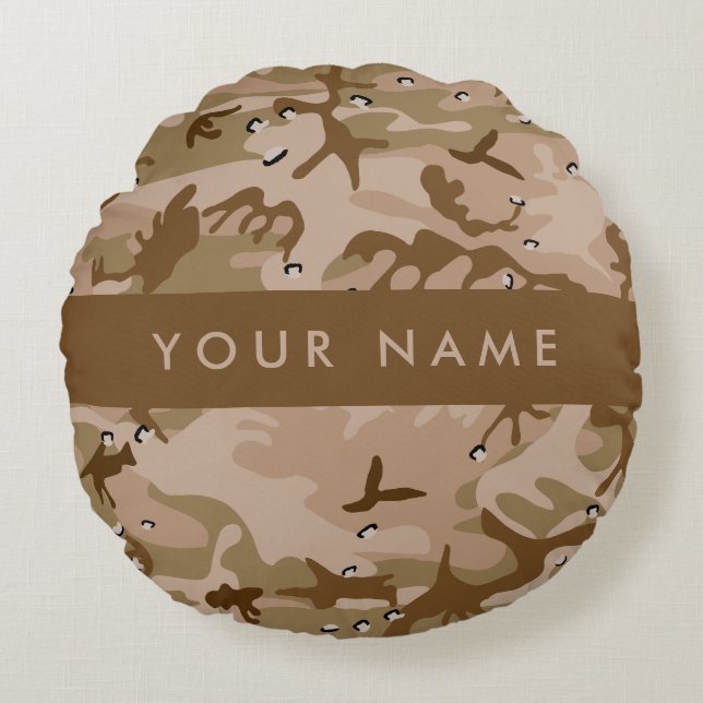 Almofada Redonda Desert Camouflage Pebbles, o teu nome Personaliza (Frente)