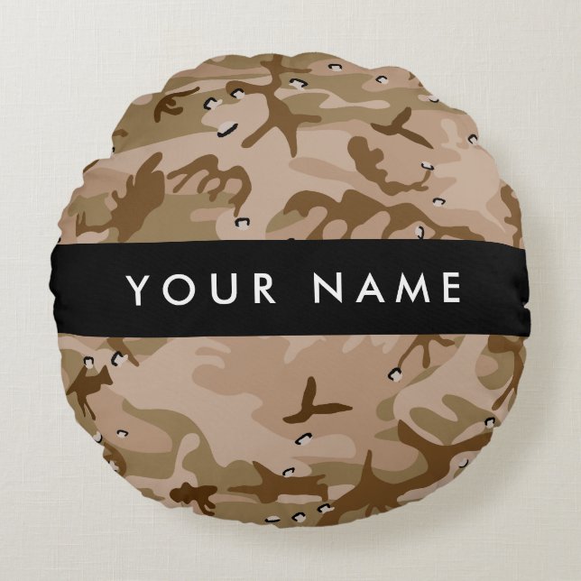 Almofada Redonda Desert Camouflage Pebbles, o teu nome Personaliza (Frente)