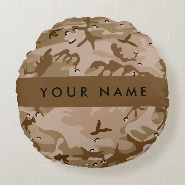 Almofada Redonda Desert Camouflage Pebbles, o teu nome Personaliza (Frente)
