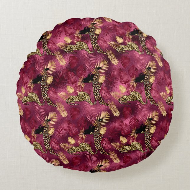 Almofada Redonda Design 10 da Série Burgundy e Dourada Leopard (Frente)