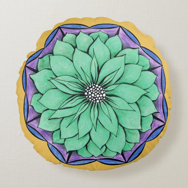 Almofada Redonda Design AZUL da POINSÉTIA (Frente)