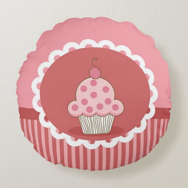 Almofada Redonda Design cor-de-rosa do cupcake (Frente)