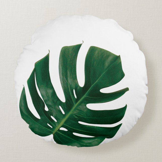 Almofada Redonda Design da ilha Monstera Leaf - Verde Tropical (Frente)