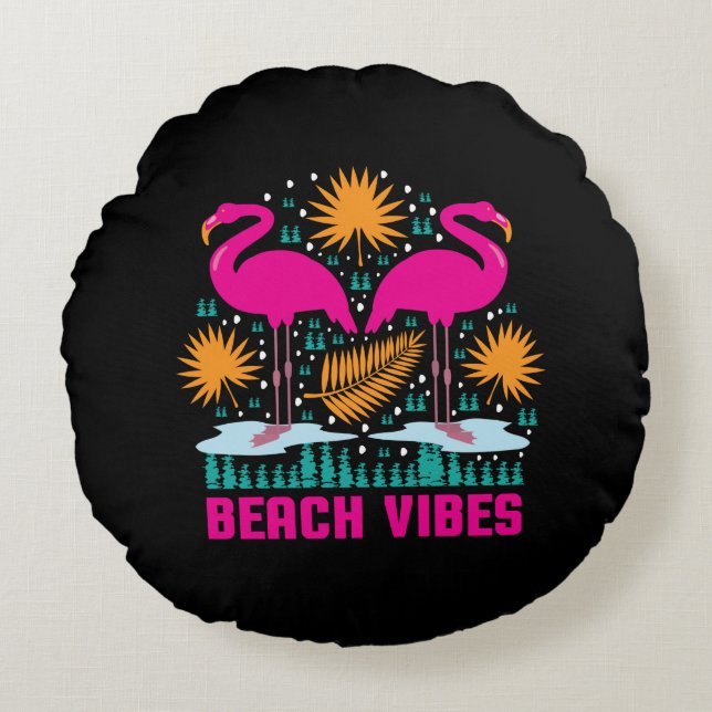 Almofada Redonda Design de Flamingos Rosa Vibes de Praia (Frente)