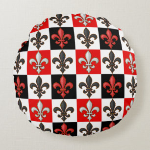 Almofada Redonda Design de Fleur-de-lis, branco-preto-vermelho