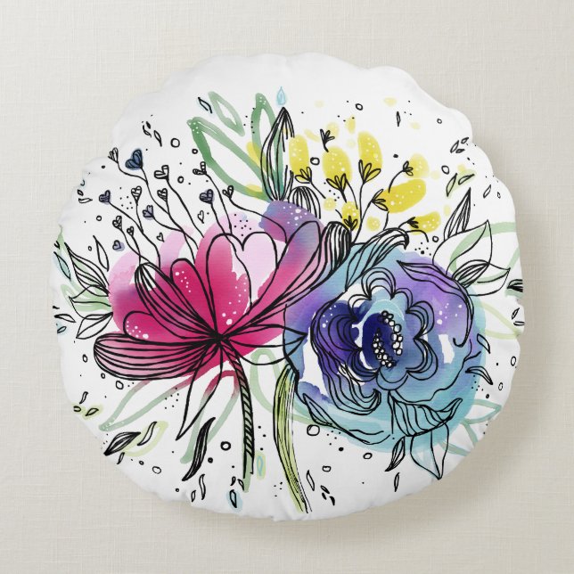 Almofada Redonda Design de Flores Azuis e Cor de Água Personalizada (Frente)
