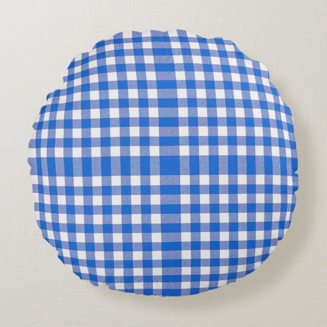 Almofada Redonda Design de Gingham Branco Azul bonito (Frente)