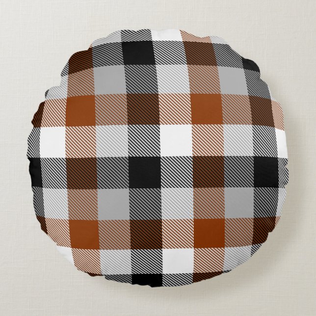 Almofada Redonda Design de Gingham Preto-Castanho (Frente)