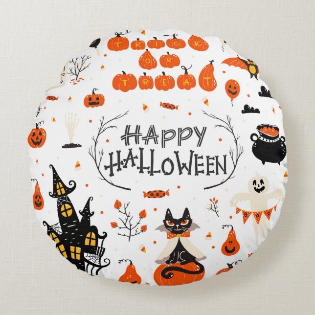 Almofada Redonda Design de Halloween. Clipes de Halloween com (Frente)