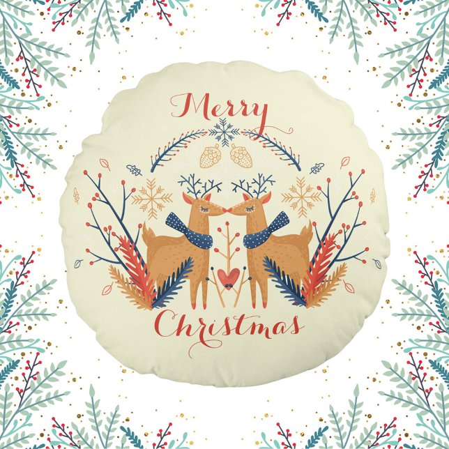 Almofada Redonda Design de Natal de Nórdicos com Veados Escandinavo (Scandinavian Folk Woodland Deer Cream Round Pillow)