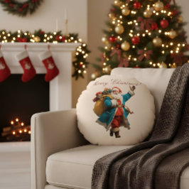 Almofada Redonda Design de Natal Personalizado com Papai Noel Vinta