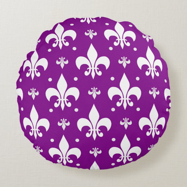 Almofada Redonda Design de padrão da Fleur-de-lis de fundo roxo (Frente)