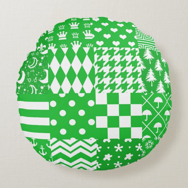 Almofada Redonda Design de patch de Padrões de  mistos brancos verd (Frente)