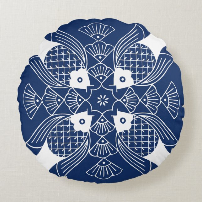 Almofada Redonda Design de Peixes Submarinos com Fundo Azul (Frente)