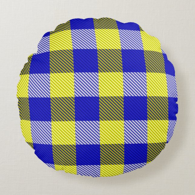 Almofada Redonda Design de Verificação de Gingham Amarelo Azul (Frente)