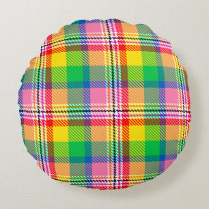 Almofada Redonda Design de Xadrez de Tartan Amarelo verde-rosa