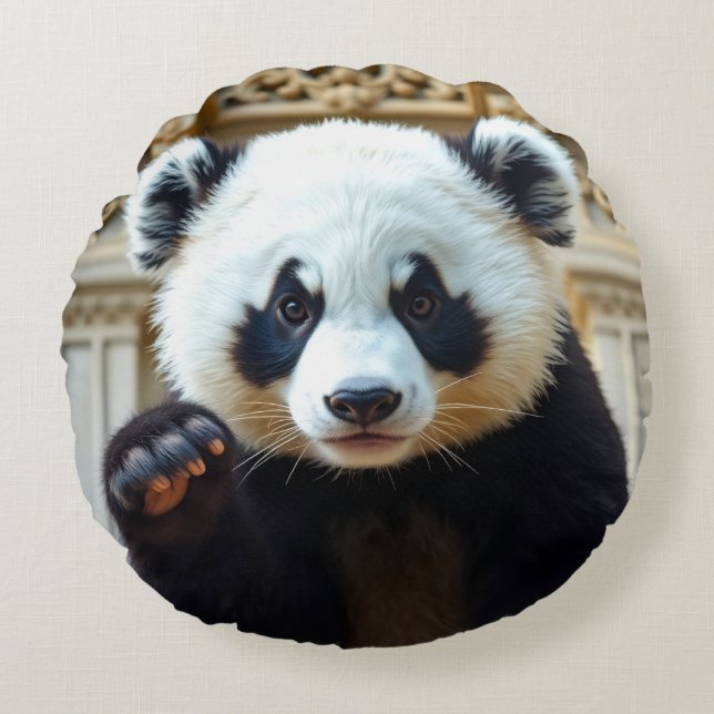 Almofada Redonda Design do Panda Acenando (Frente)