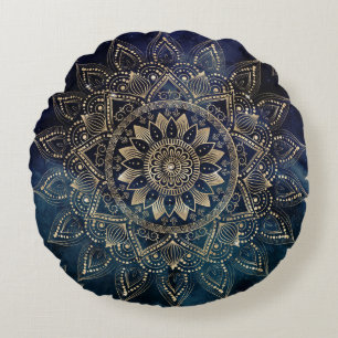 Almofada Redonda Design Elegante Dourado da Galáxia Azul de Mandal