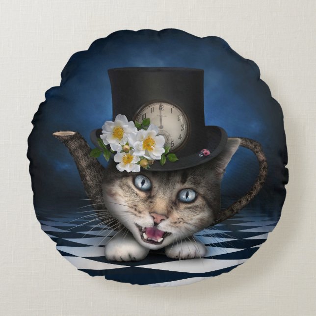 Almofada Redonda Design Whimsical Teapot Gato Mad Hatter (Frente)