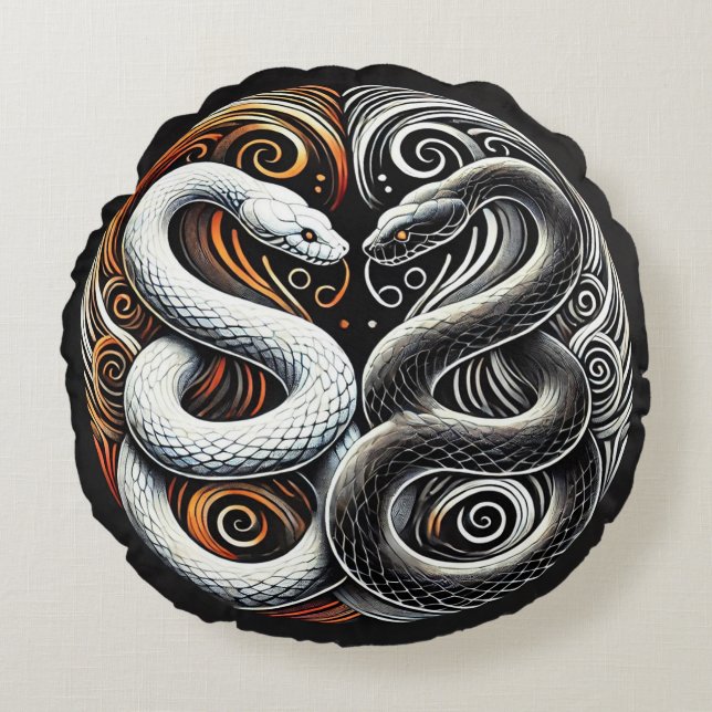 Almofada Redonda Design Yin Yang com Duas Cobras (Frente)
