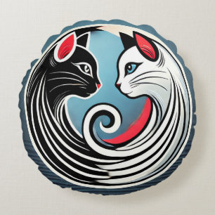Almofada Redonda Design Yin Yang com Gatos Pretos e Brancos