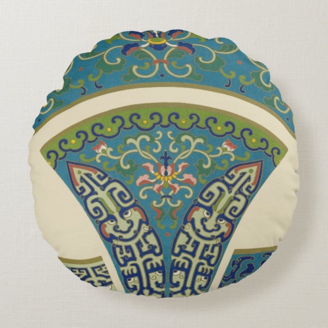 Almofada Redonda Designs Orientais Azuis com Rostos Sorridentes (Frente)