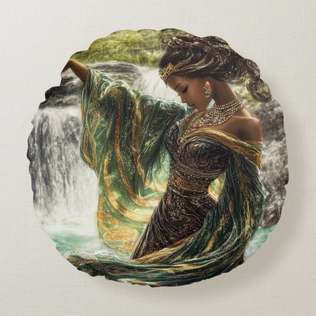 Almofada Redonda Deusa Encantadora por uma Caipira Mágica (Frente)