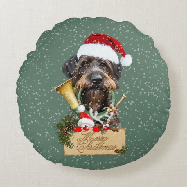 Almofada Redonda Deutsch Drahthaar, Feliz Natal! Botão Magnet (Frente)