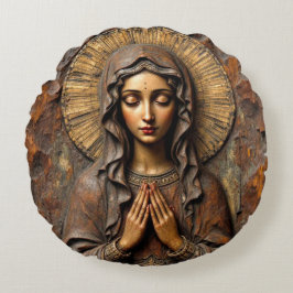 Almofada Redonda Devoção Esculpida Maria de Madeira