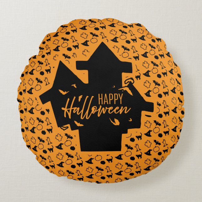 Almofada Redonda Dia das Bruxas de Spooky Haunted House (Frente)