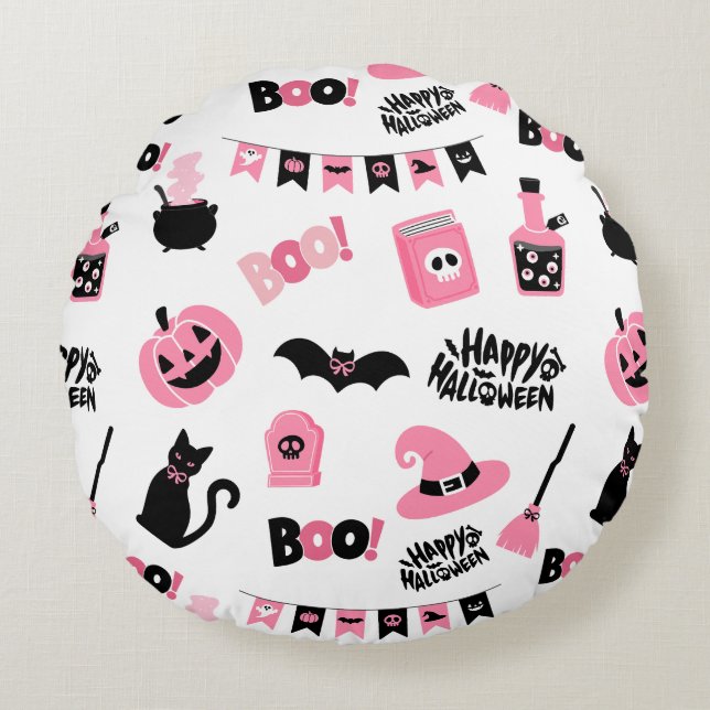 Almofada Redonda Dia das Bruxas Rosa e Negro (Frente)