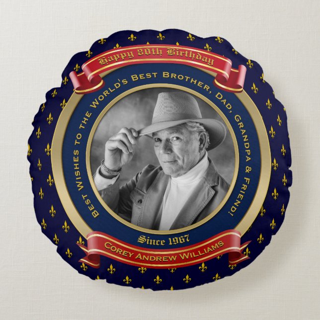 Almofada Redonda Dia de Nascimento Dourado 80 Oitavo Azul Vermelho (Frente)